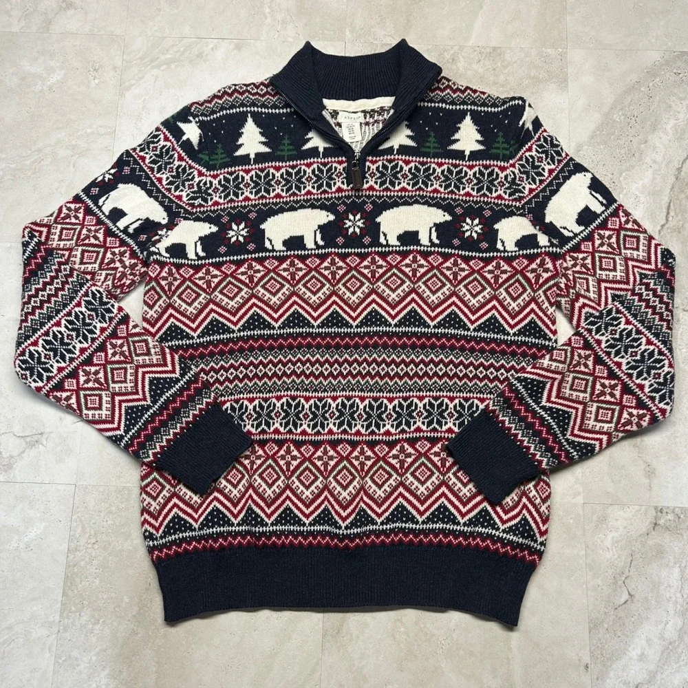 Aspen Fair Isle Polar Bear Sweater Navy Red Mens XL Quarter Zip Cotton Holiday